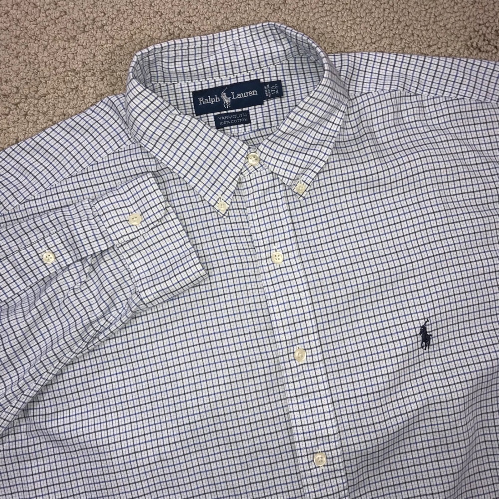Ralph Lauren Yarmouth Mens 17.5 36/37 Blue White Tattersall Check Cotton Shirt